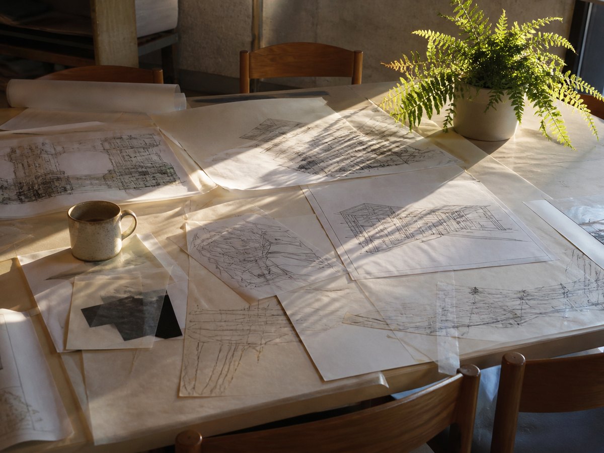 Spatial drawings spread on a pale table for a quiet critique