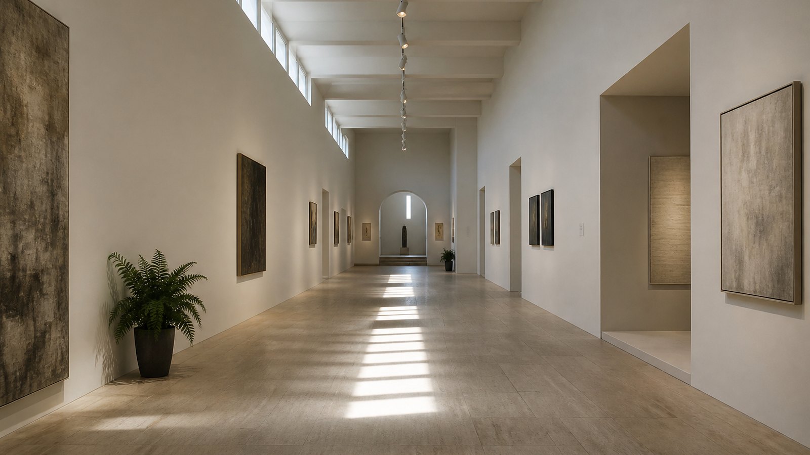 Long daylit gallery with a pale floor, tall windows and a quiet path toward a far alcove