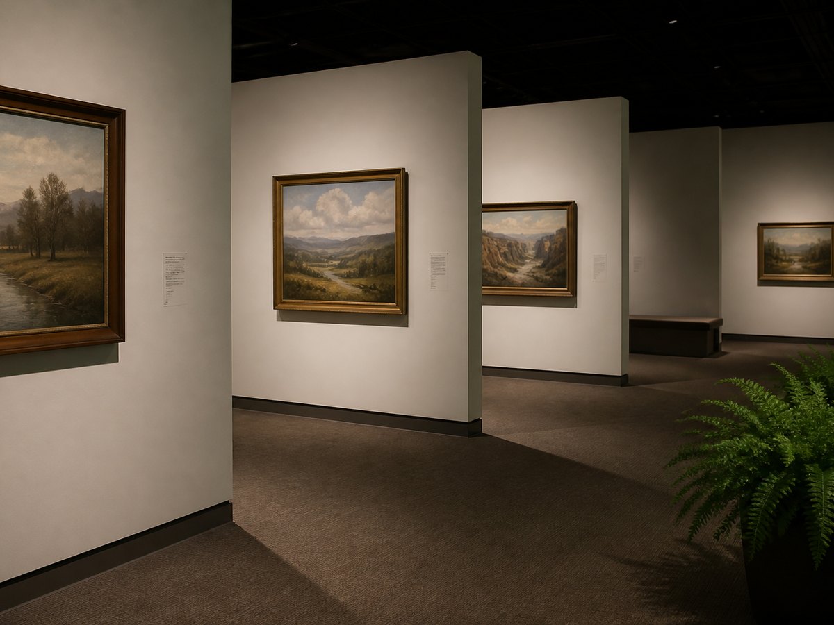 Three staggered white exhibition walls receding in depth with a fern at the side